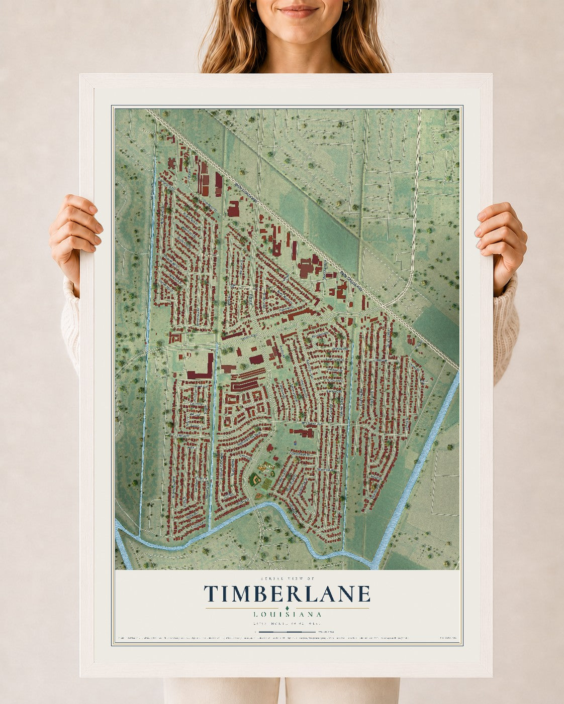 Map of Timberlane, Louisiana, 24 x 36 inch print in a white wood frame