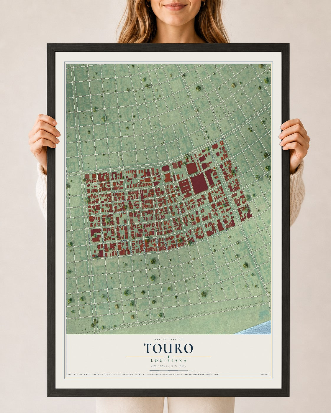 Map of Touro, Louisiana, 24 x 36 inch print in a black wood frame