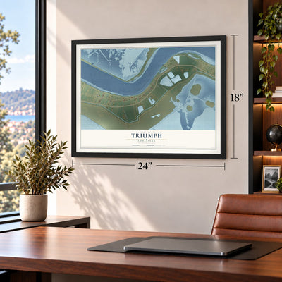 Triumph, Louisiana map, 18 x 24 inch print in a black frame in a home office