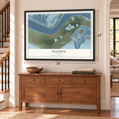 Triumph, Louisiana map, 24 x 36 inch print in a black frame above a dresser by a staircase
