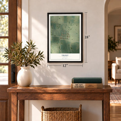 Trout, Louisiana map, 12 x 18 inch print in a black frame in an entryway