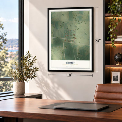 Trout, Louisiana map, 18 x 24 inch print in a black frame in a home office