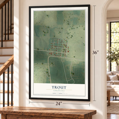 Trout, Louisiana map, 24 x 36 inch print in a black frame by a staircase