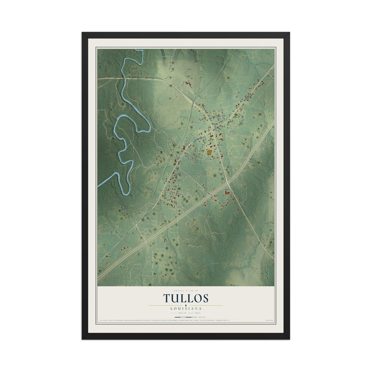 Map of Tullos, Louisiana, 12 x 18 inch print in a black wood frame