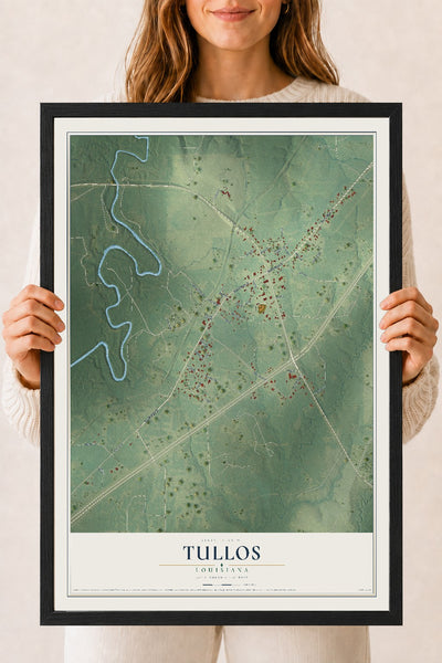 Map of Tullos, Louisiana, 18 x 24 inch print in a black wood frame