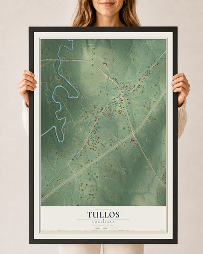 Map of Tullos, Louisiana, 24 x 36 inch print in a black wood frame