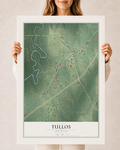 Map of Tullos, Louisiana, 24 x 36 inch print in a white wood frame