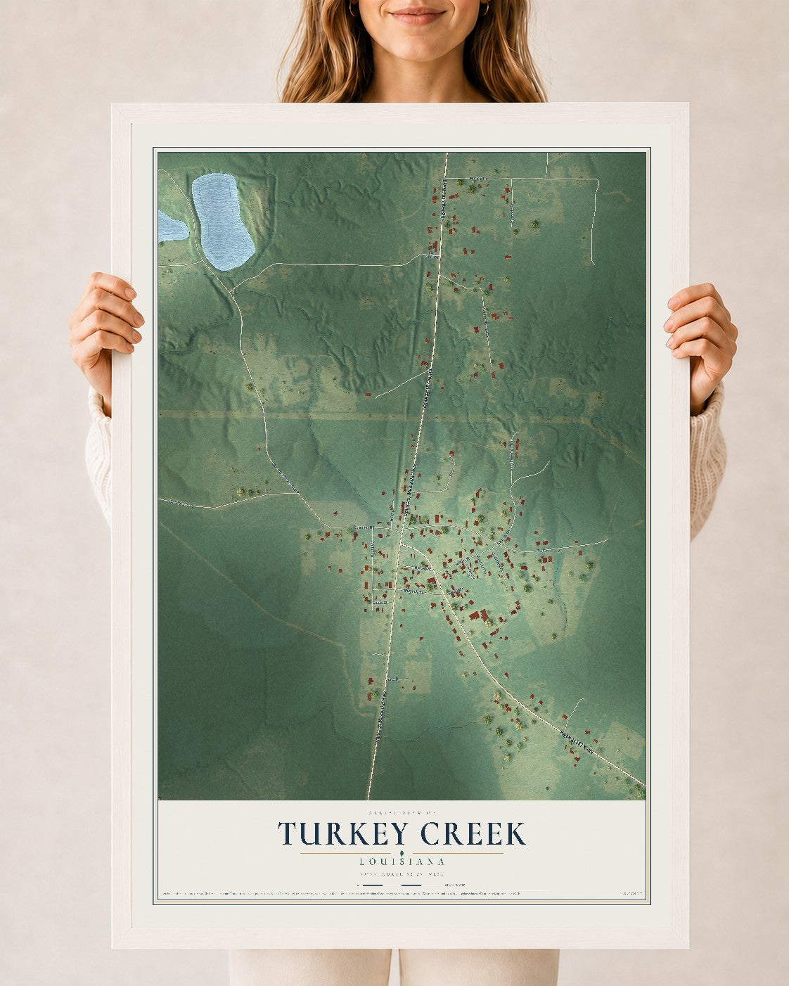 Map of Turkey Creek, Louisiana, 24 x 36 inch print in a white wood frame