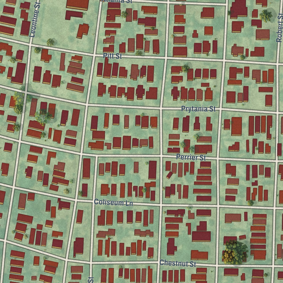 Close-up of the map of Uptown, Louisiana print showing street and building detail