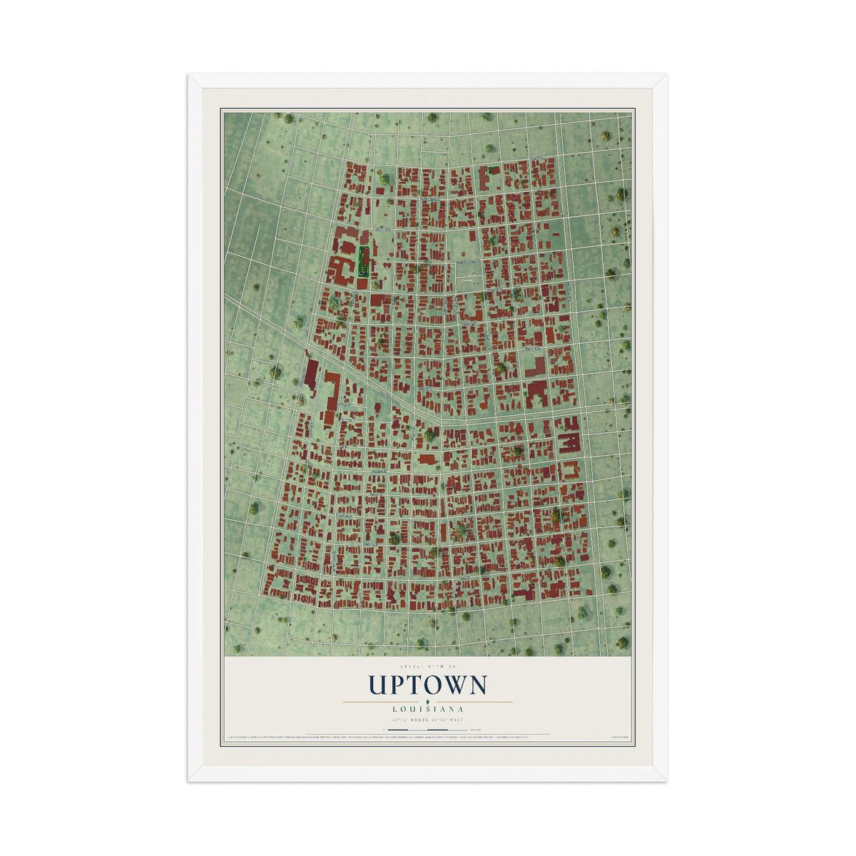 Map of Uptown, Louisiana, 12 x 18 inch print in a white wood frame