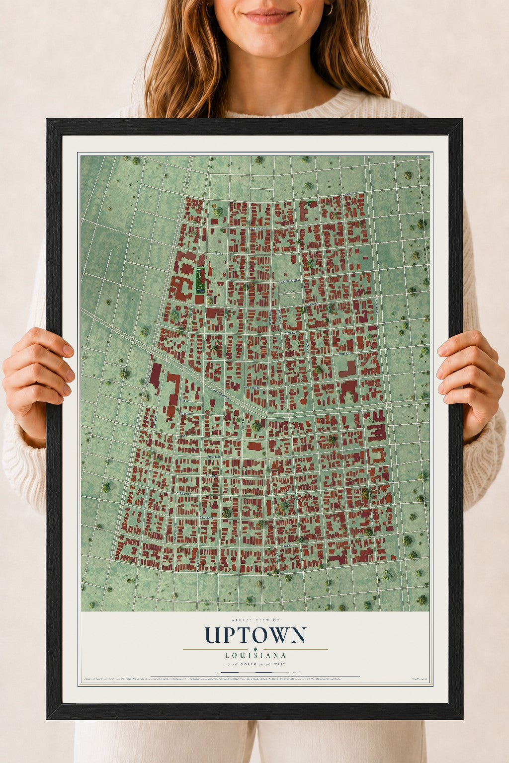 Map of Uptown, Louisiana, 18 x 24 inch print in a black wood frame