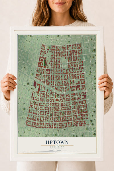 Map of Uptown, Louisiana, 18 x 24 inch print in a white wood frame