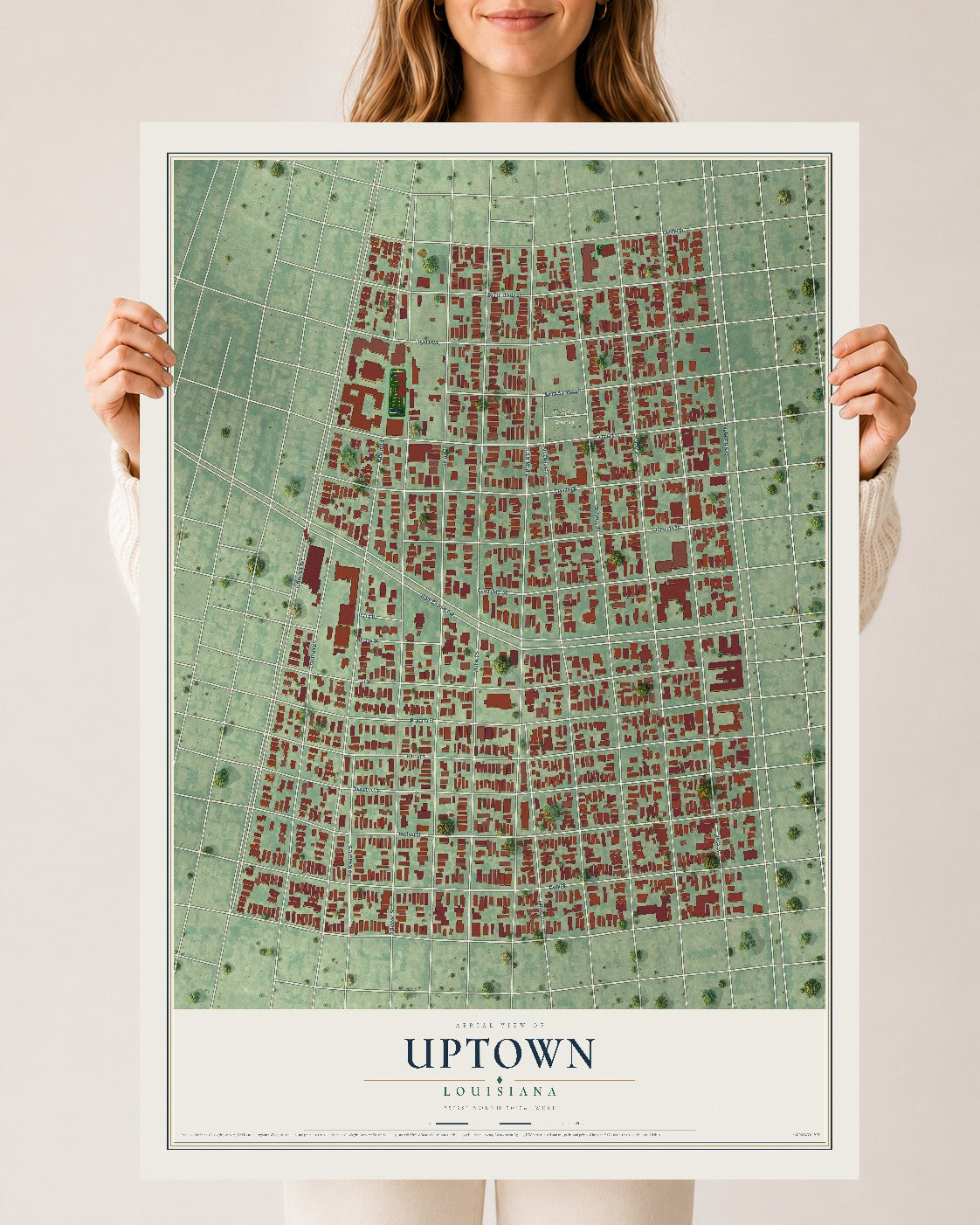 Map of Uptown, Louisiana, 24 x 36 inch unframed archival matte print