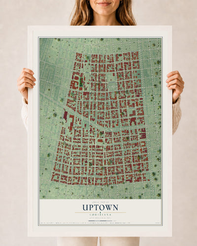 Map of Uptown, Louisiana, 24 x 36 inch print in a white wood frame