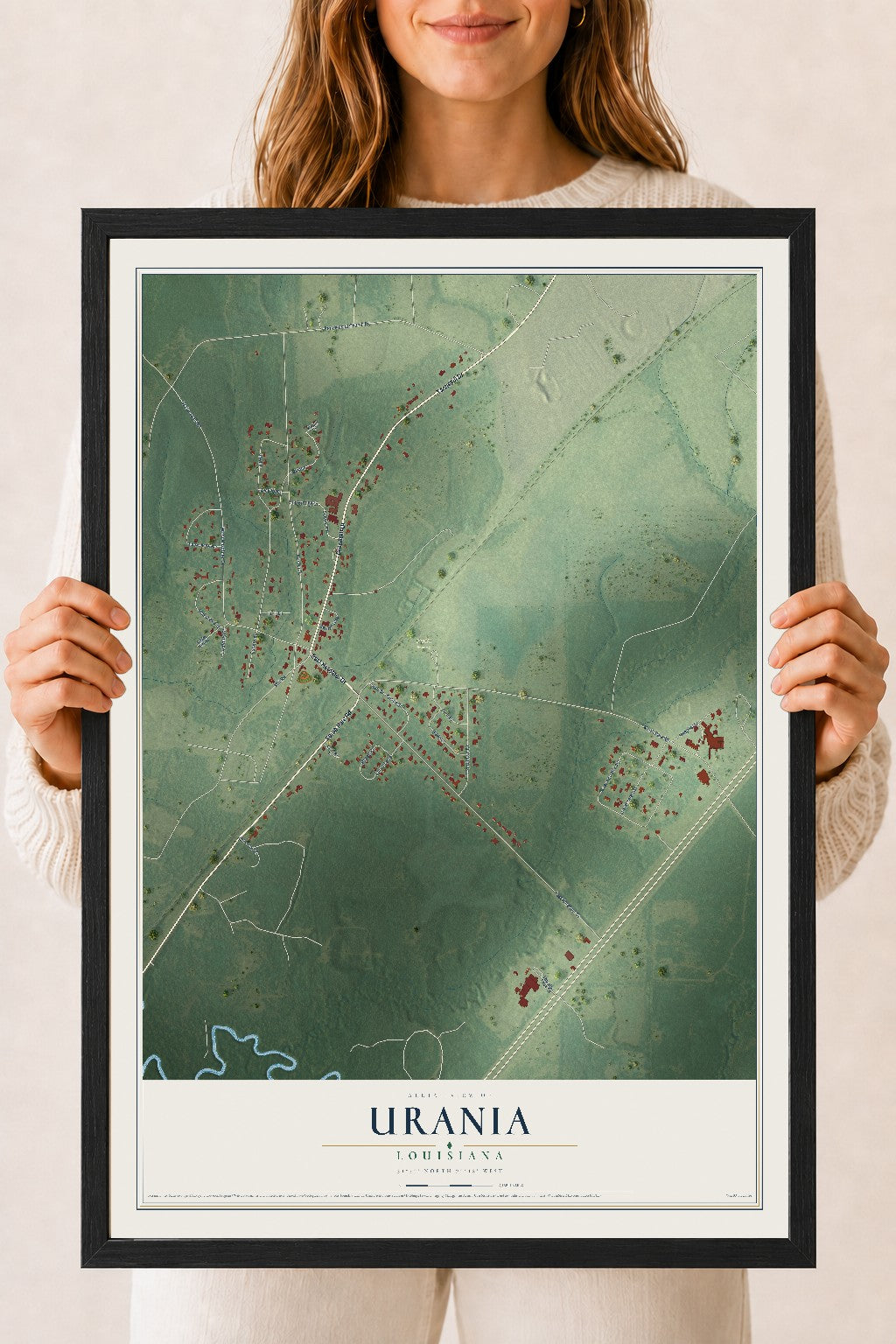 Map of Urania, Louisiana, 18 x 24 inch print in a black wood frame