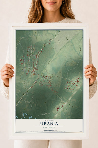 Map of Urania, Louisiana, 18 x 24 inch print in a white wood frame