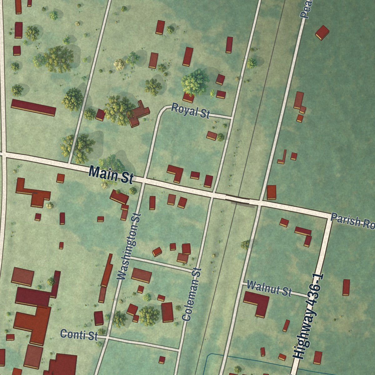 Close-up of the map of Varnado, Louisiana print showing street and building detail