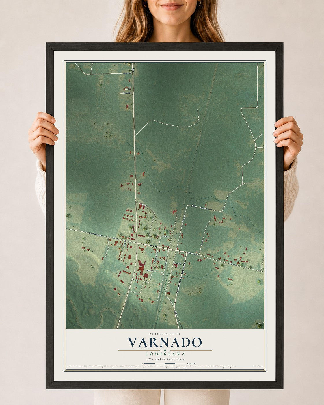 Map of Varnado, Louisiana, 24 x 36 inch print in a black wood frame