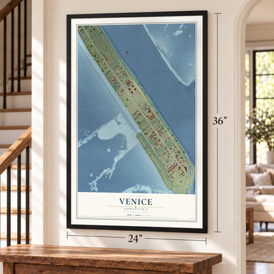 Venice, Louisiana map, 24 x 36 inch print in a black frame by a staircase