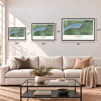 Ventress, Louisiana map in 12 x 18, 18 x 24 and 24 x 36 inch sizes above a sofa