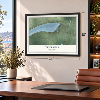 Ventress, Louisiana map, 18 x 24 inch print in a black frame in a home office