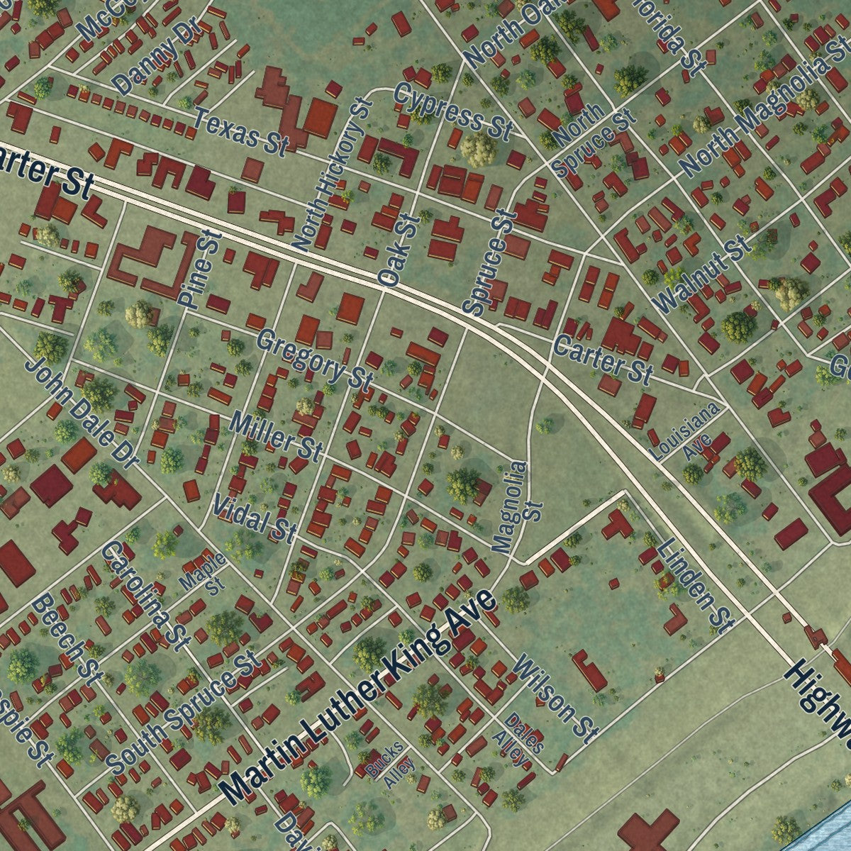 Close-up of the map of Vidalia, Louisiana print showing street and building detail