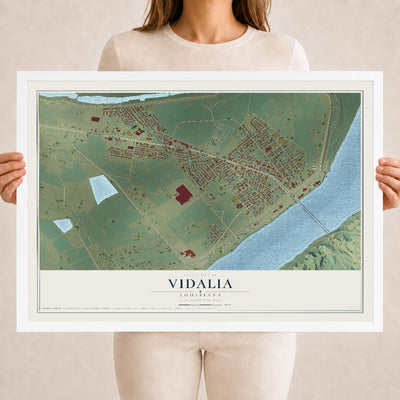 Map of Vidalia, Louisiana, 18 x 24 inch print in a white wood frame