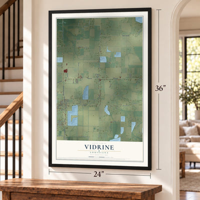 Vidrine, Louisiana map, 24 x 36 inch print in a black frame by a staircase