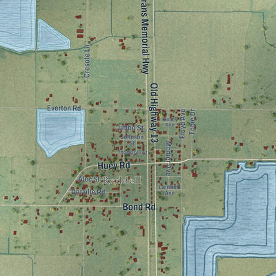 Close-up of the map of Vidrine, Louisiana print showing street and building detail