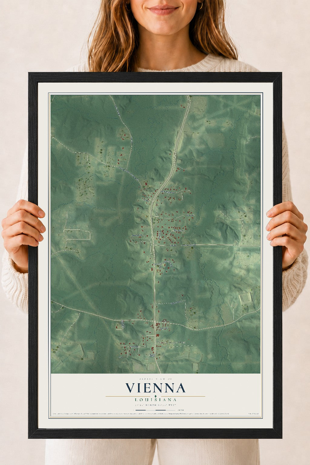 Map of Vienna, Louisiana, 18 x 24 inch print in a black wood frame