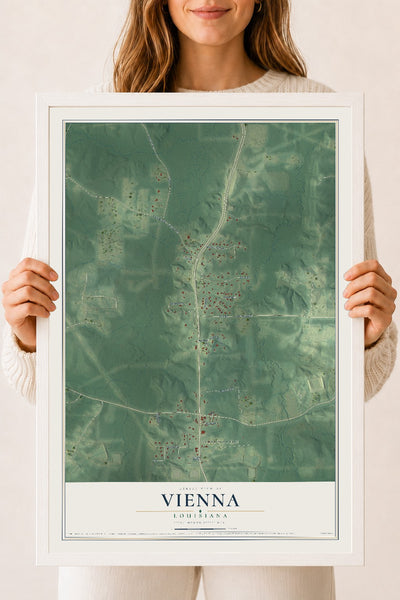 Map of Vienna, Louisiana, 18 x 24 inch print in a white wood frame