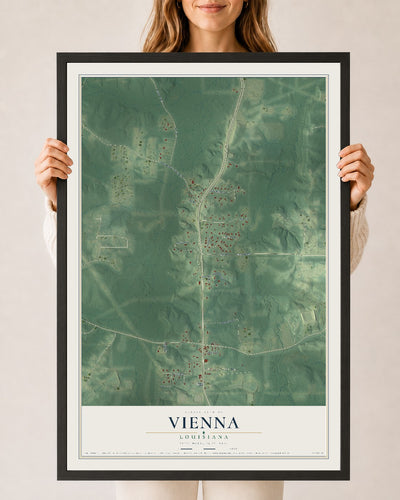 Map of Vienna, Louisiana, 24 x 36 inch print in a black wood frame