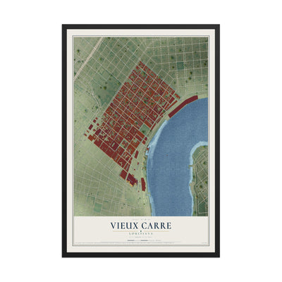Map of Vieux Carre, Louisiana, 12 x 18 inch print in a black wood frame