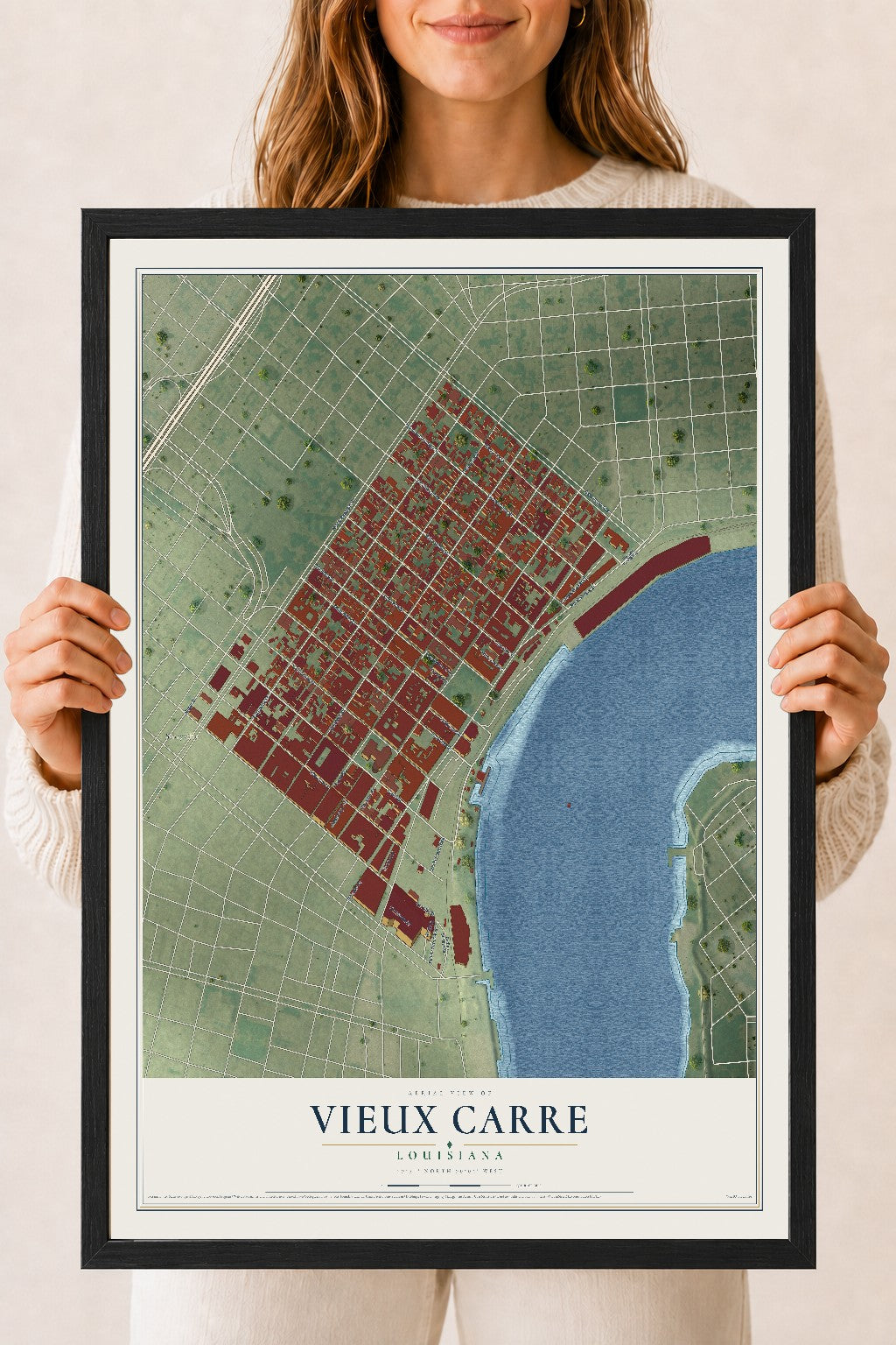 Map of Vieux Carre, Louisiana, 18 x 24 inch print in a black wood frame