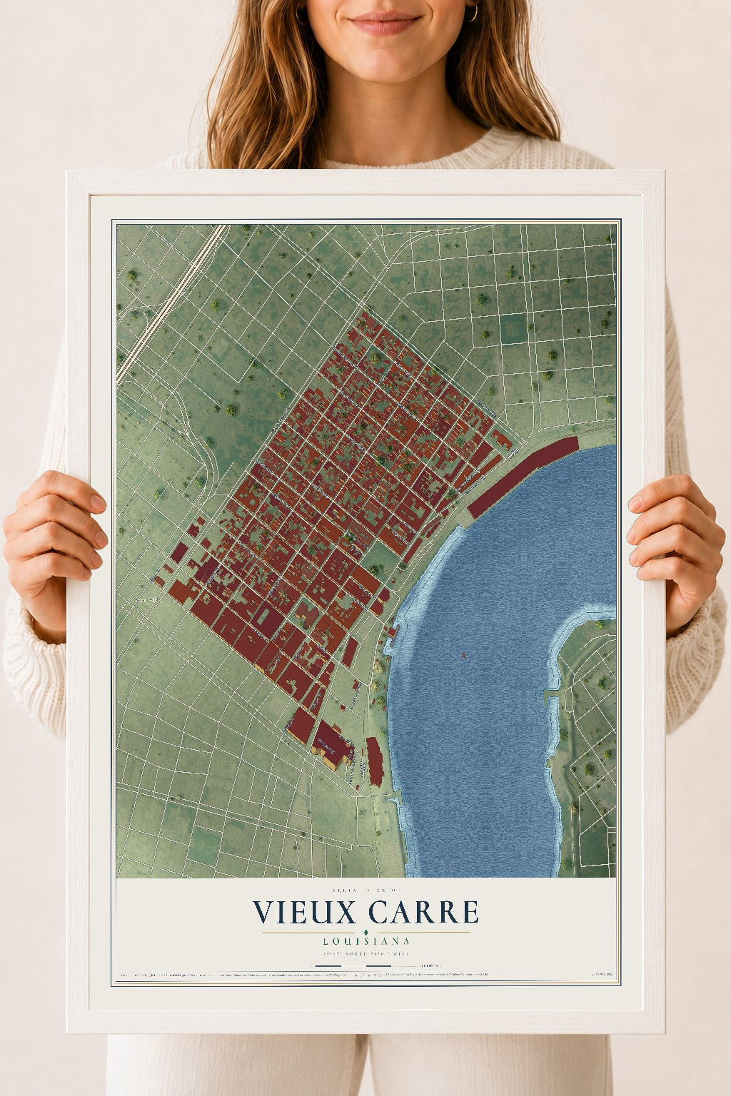 Map of Vieux Carre, Louisiana, 18 x 24 inch print in a white wood frame