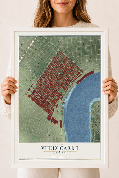 Map of Vieux Carre, Louisiana, 18 x 24 inch print in a white wood frame