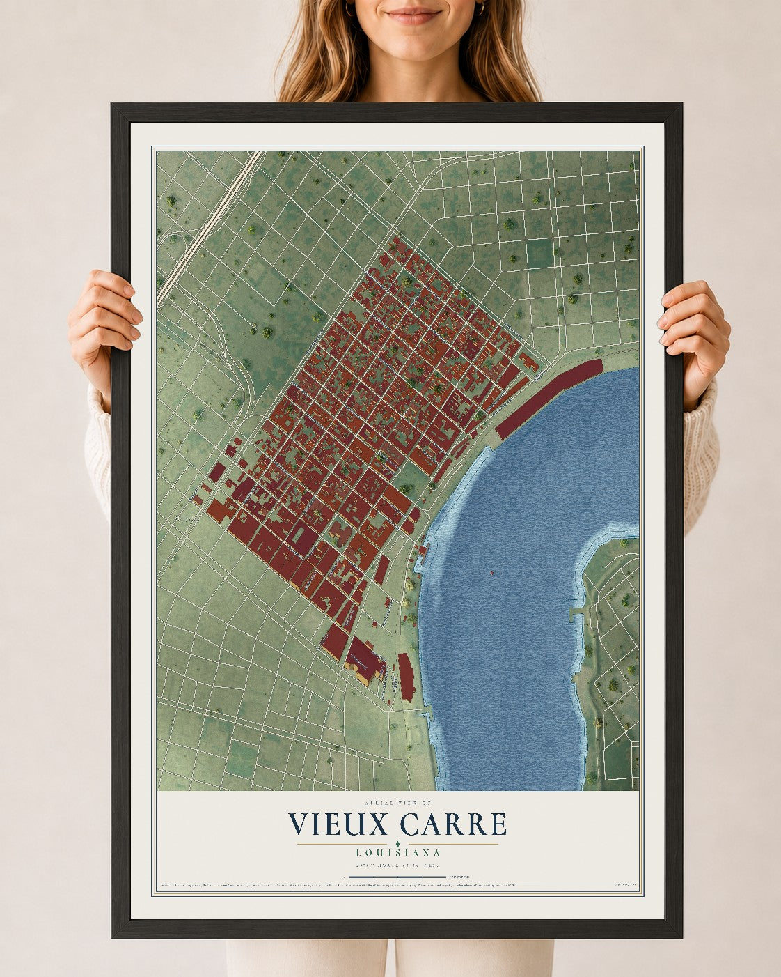 Map of Vieux Carre, Louisiana, 24 x 36 inch print in a black wood frame