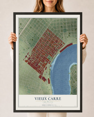 Map of Vieux Carre, Louisiana, 24 x 36 inch print in a black wood frame