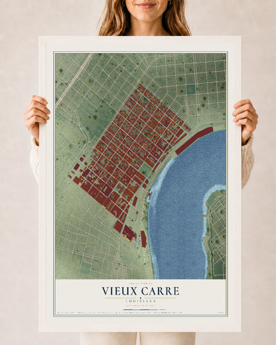 Map of Vieux Carre, Louisiana, 24 x 36 inch print in a white wood frame