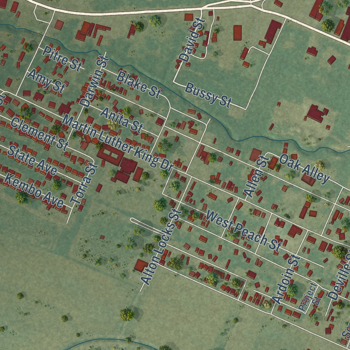 Second close-up of the map of Ville Platte, Louisiana print showing more streets and buildings
