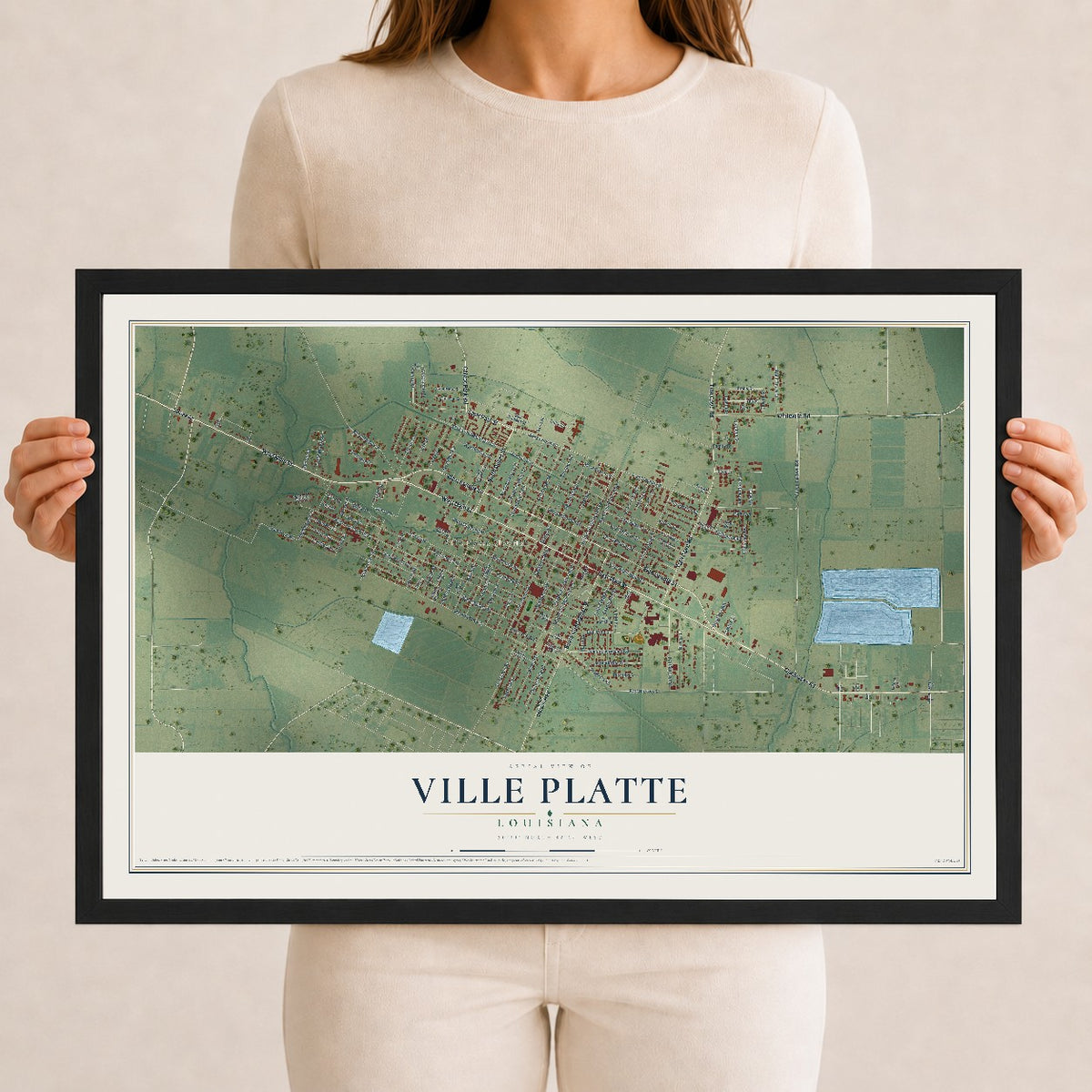 Map of Ville Platte, Louisiana, 12 x 18 inch print in a black wood frame