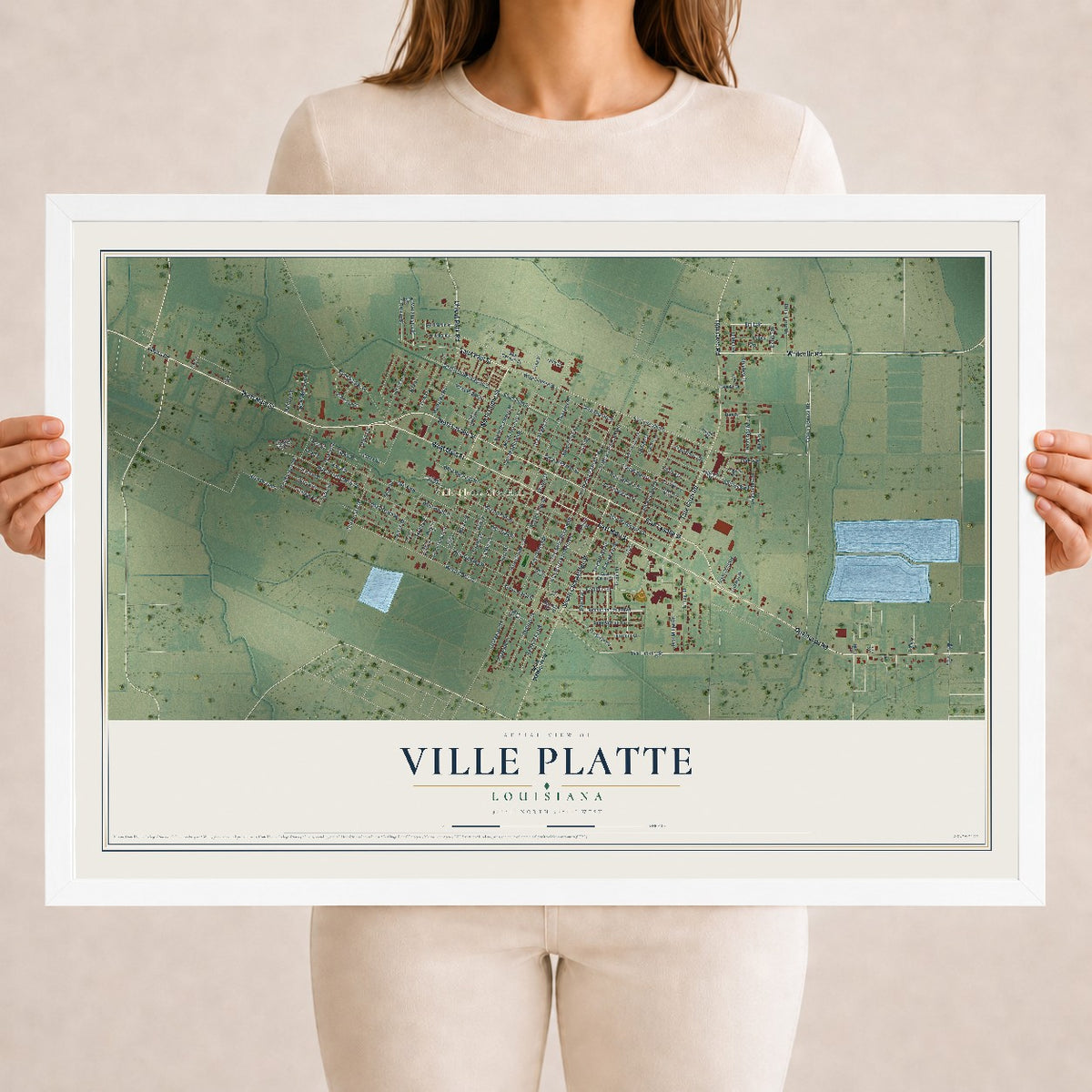 Map of Ville Platte, Louisiana, 18 x 24 inch print in a white wood frame