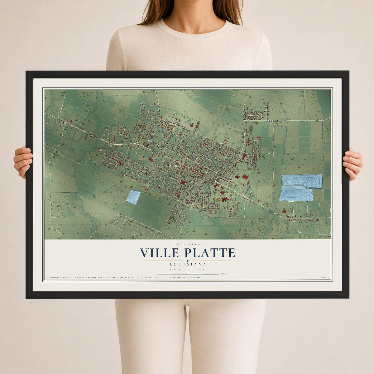 Map of Ville Platte, Louisiana, 24 x 36 inch print in a black wood frame