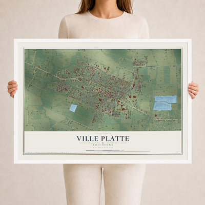 Map of Ville Platte, Louisiana, 24 x 36 inch print in a white wood frame