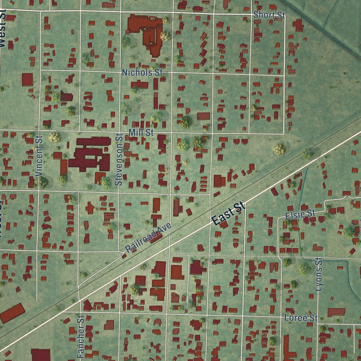 Close-up of the map of Vinton, Louisiana print showing street and building detail