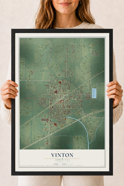 Map of Vinton, Louisiana, 18 x 24 inch print in a black wood frame