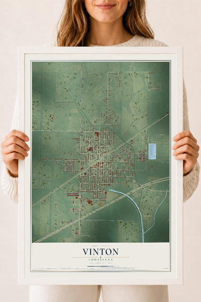 Map of Vinton, Louisiana, 18 x 24 inch print in a white wood frame