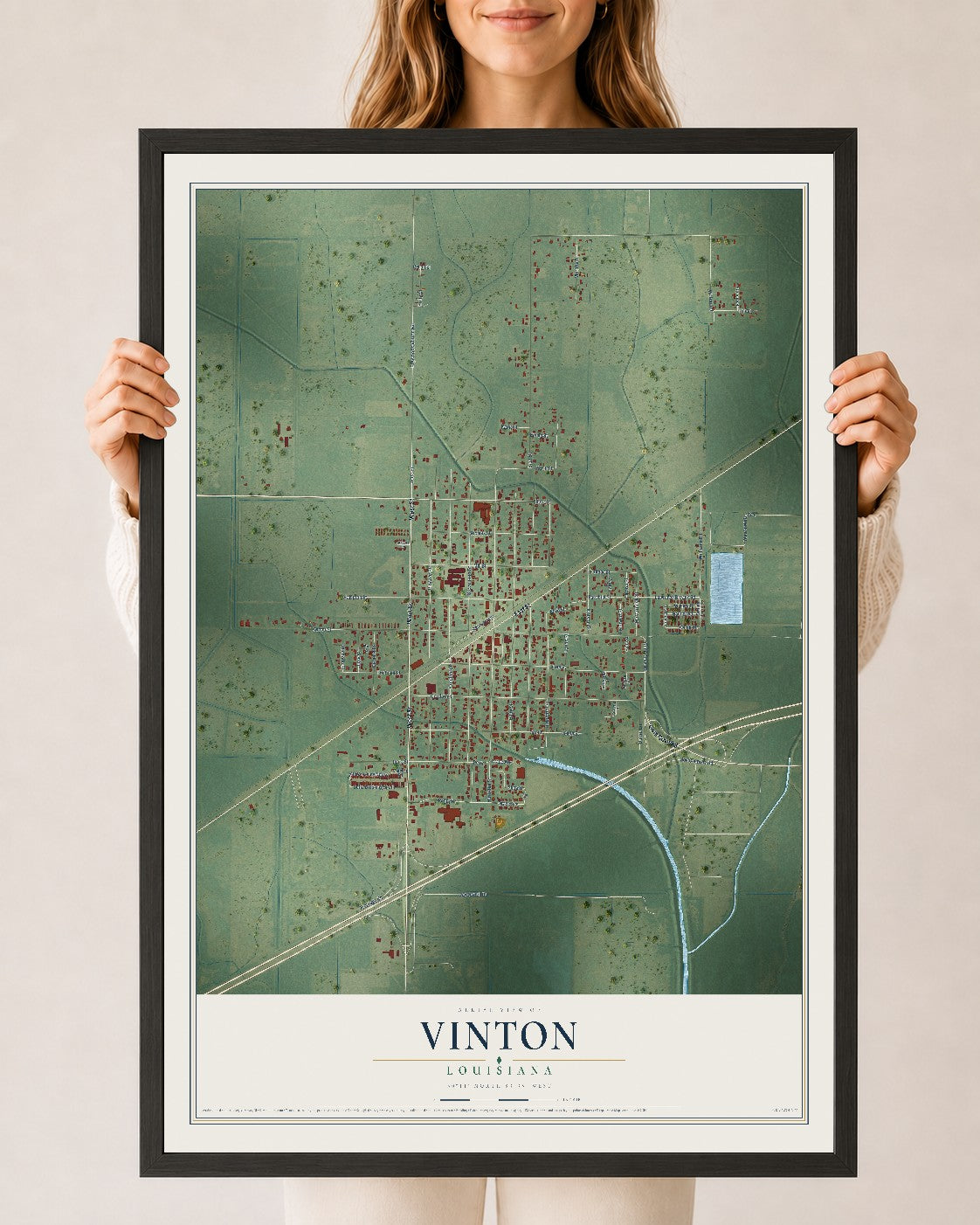 Map of Vinton, Louisiana, 24 x 36 inch print in a black wood frame