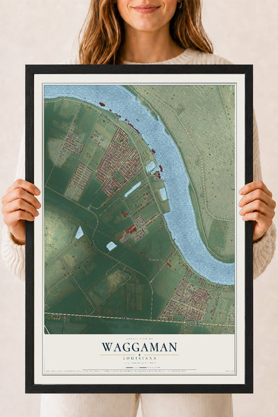 Map of Waggaman, Louisiana, 18 x 24 inch print in a black wood frame
