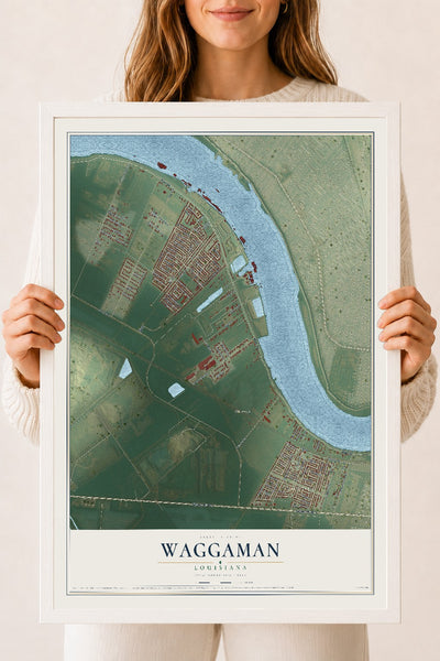 Map of Waggaman, Louisiana, 18 x 24 inch print in a white wood frame
